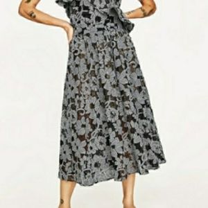 Zara Woman Gingham Floral Full Midi Skirt Black M